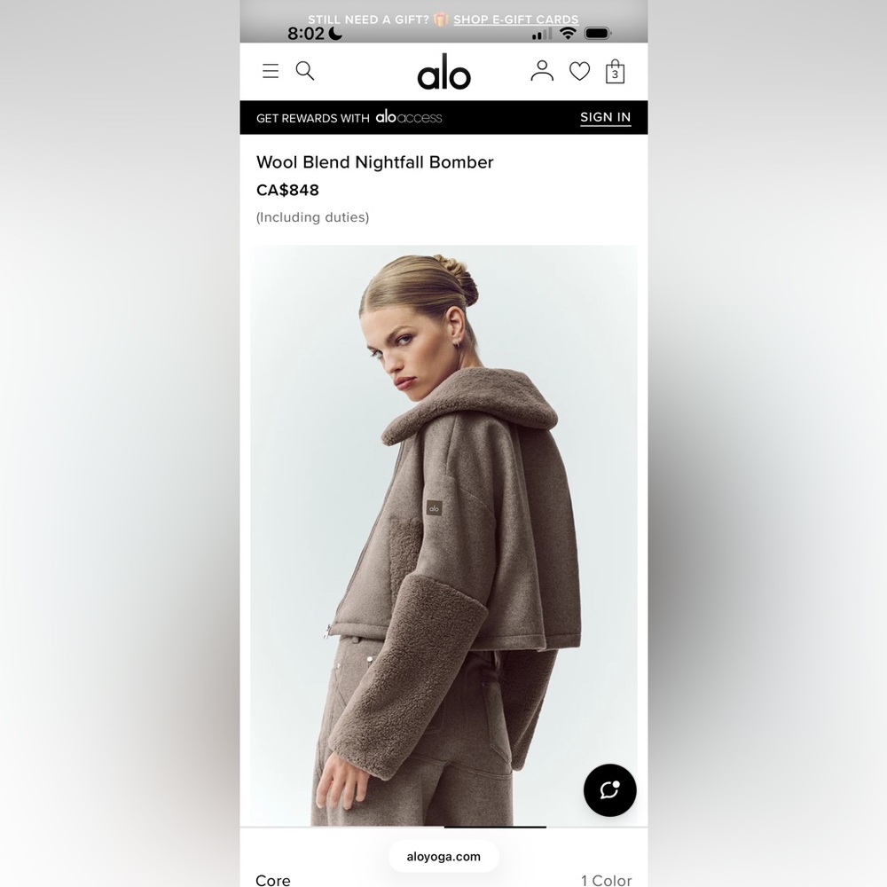 ALO Yoga Wool Blend Nightfall Bomber - Small - Picture 3 of 4